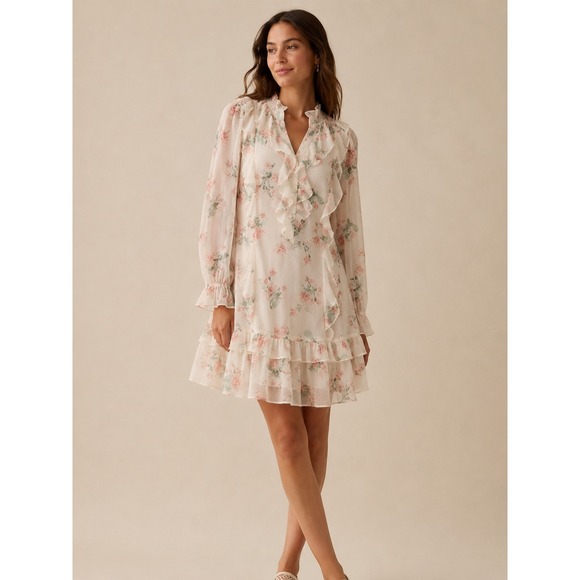 LOFT Dresses & Skirts - LOFT Floral Ruffle Mini Dress Cream Pink Long Sleeve Chiffon 520996 Womens S